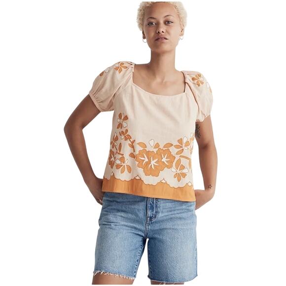 Madewell Tops - MADEWELL Women’s Boho Peach and Gold Floral Appliqué Puff Sleeve Top